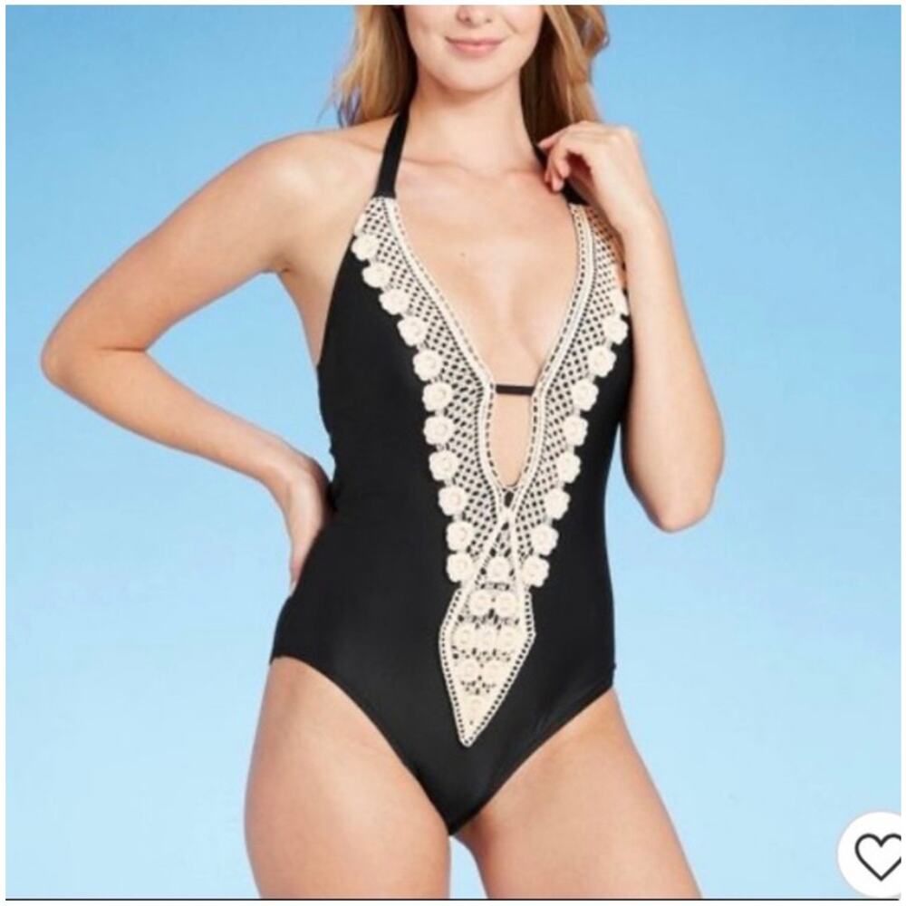 Kona Sol Halter Black and White Crochet Detail One Piece Swimsuit SZ XL